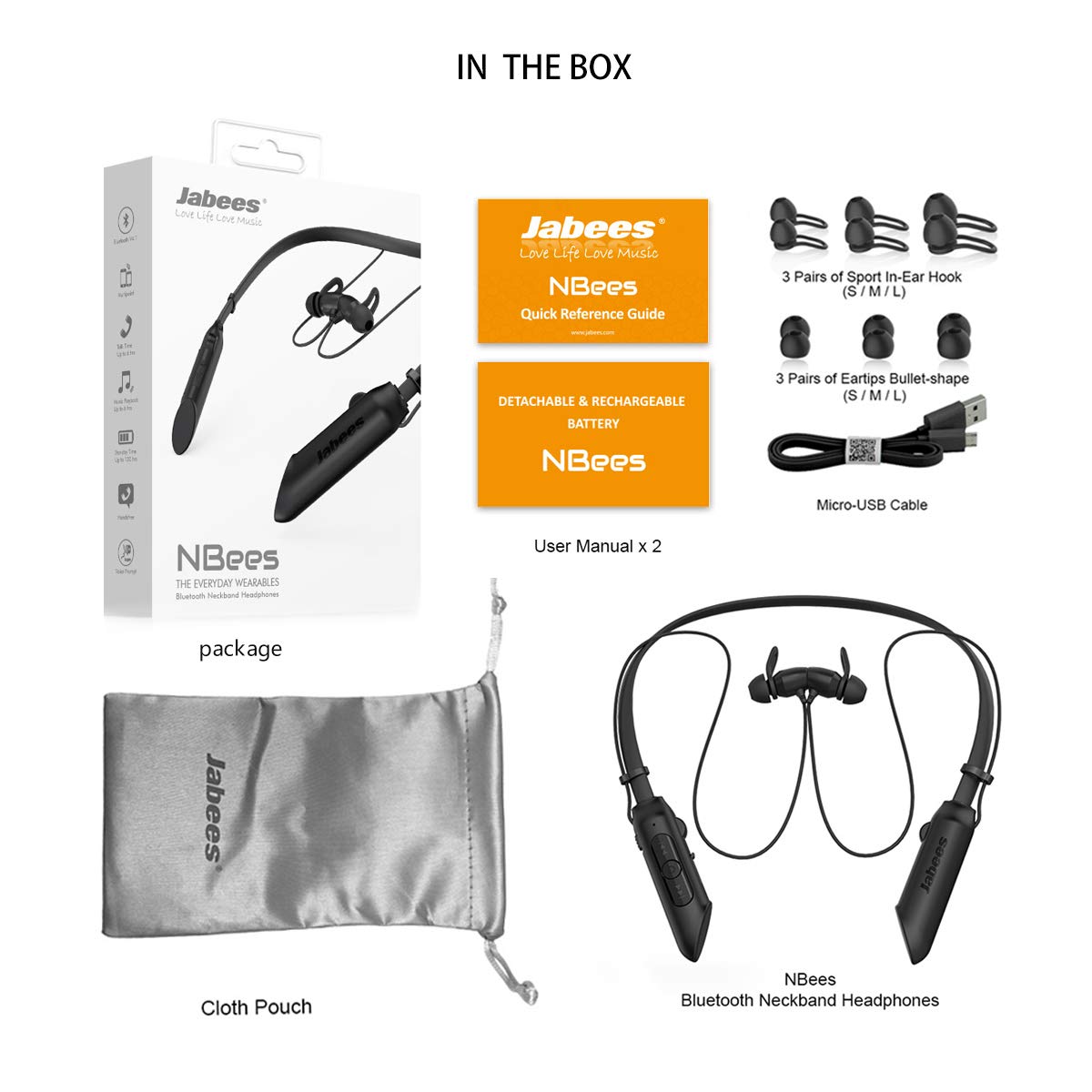 Jabees NBees Bluetooth Earbuds Wireless Neckband Headsets Noise Cancelling Stereo Earbuds w/Mic Soft Neckband Stylish Wearables for Handsfree and Music in-Ear Metal Headphones