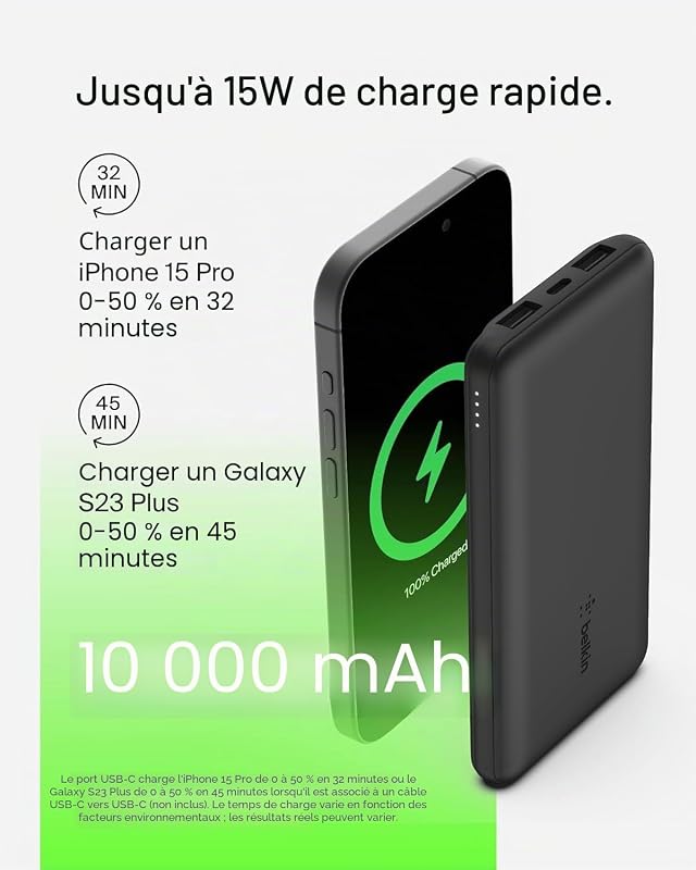 batería externa portátil de 10000mAh, cargador externo USB-C con 1 puerto USB-C y 2 puertos USB-A, power bank de 15 W, batería portátil para iPhone, Galaxy, Pixel, AirPods, iPad y otros - Noir
