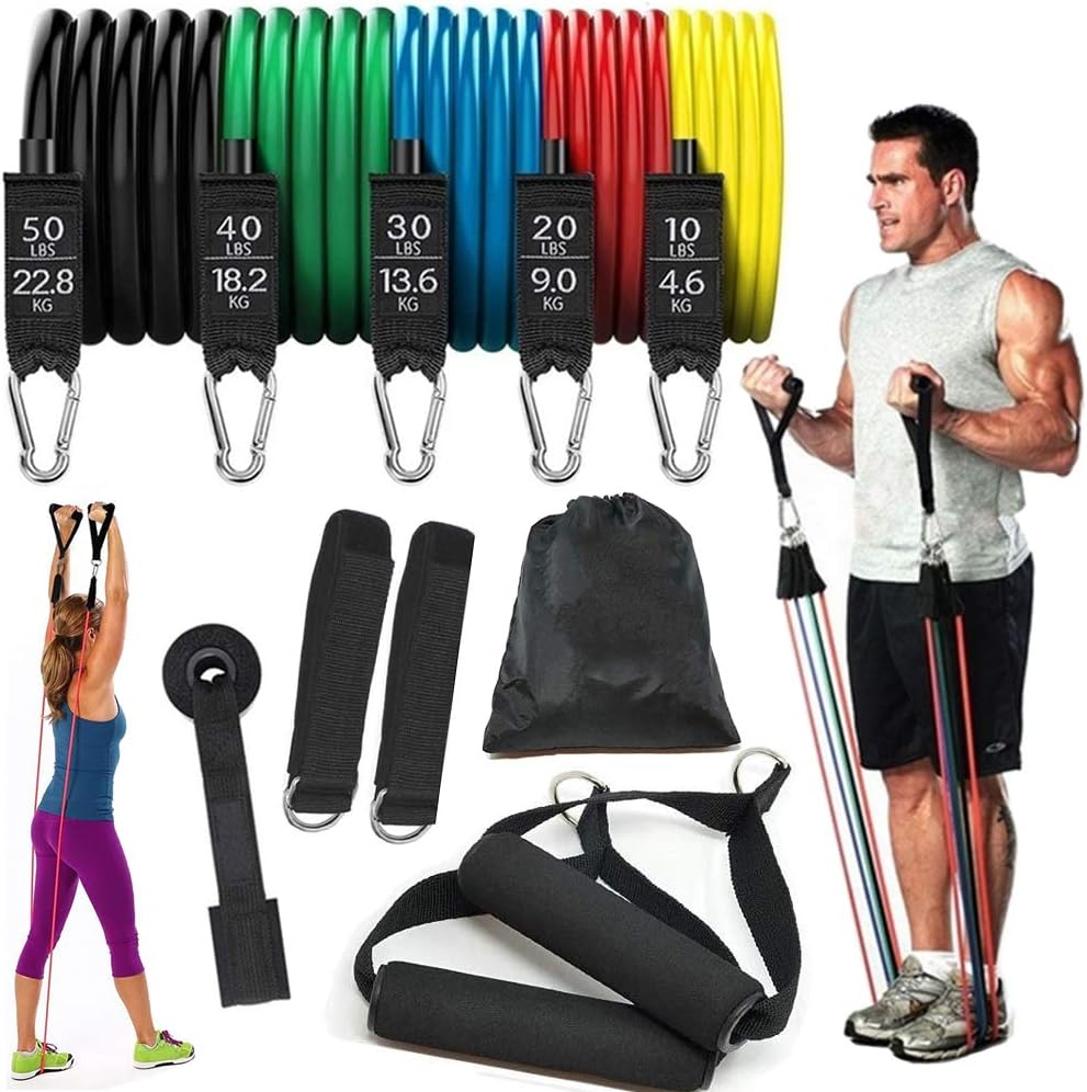 11pcs/Set Premium Resistance Bands Set, Home Workout Bands with Door Anchor, Handles and Ankle Straps, Stackable Up to 150lbs for Resistance Training, Physical Therapy, Yoga, Pilates
