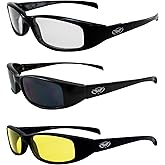 Global Vision New Attitude Black Sport Motorcycle Riding Sunglasses 3 Pair Clear Smoke and Yellow Lenses