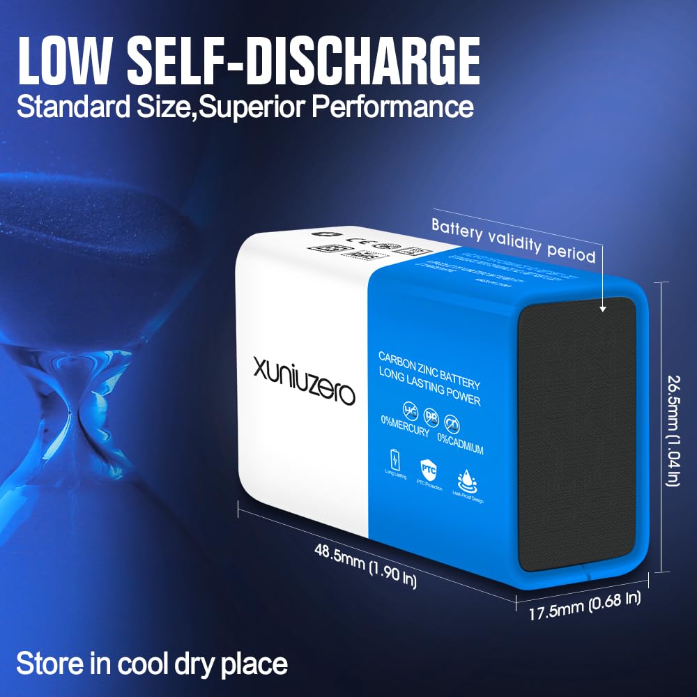 XUNIUZERO 9V Batteries Carbon 9 Volt Battery for Smoke Detector 6F22 Square Battery, Long-Lasting, 4 Pack