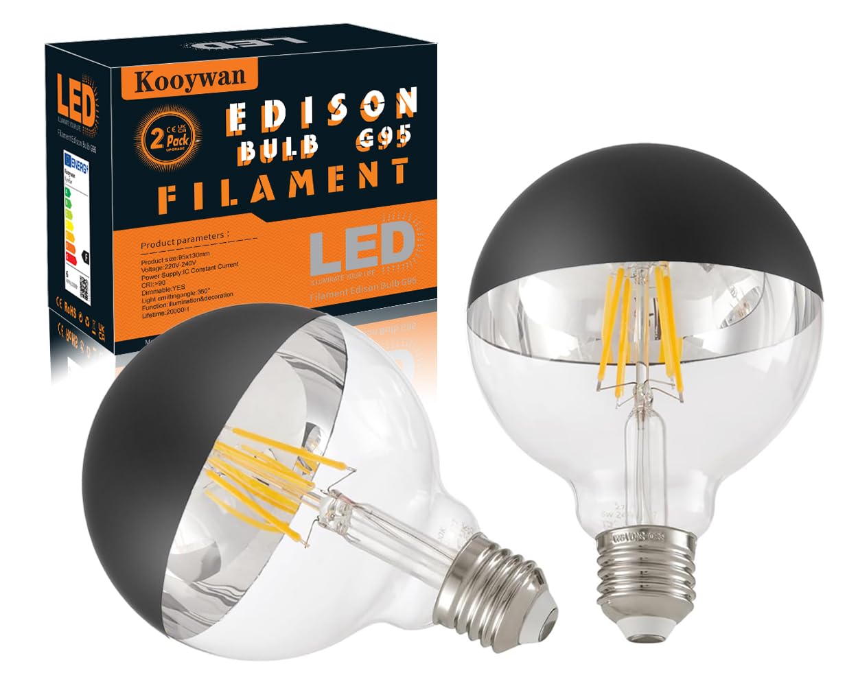 KOOYWAN Crown Black LED Light Bulb-G95 Vintage Decorative 2700K Warm White Filament Anti-Dazzle Coating E27 Screw Cap 6W 600lm Used for Table lamp,Chandelier Indoor Lighting -Pack of 2