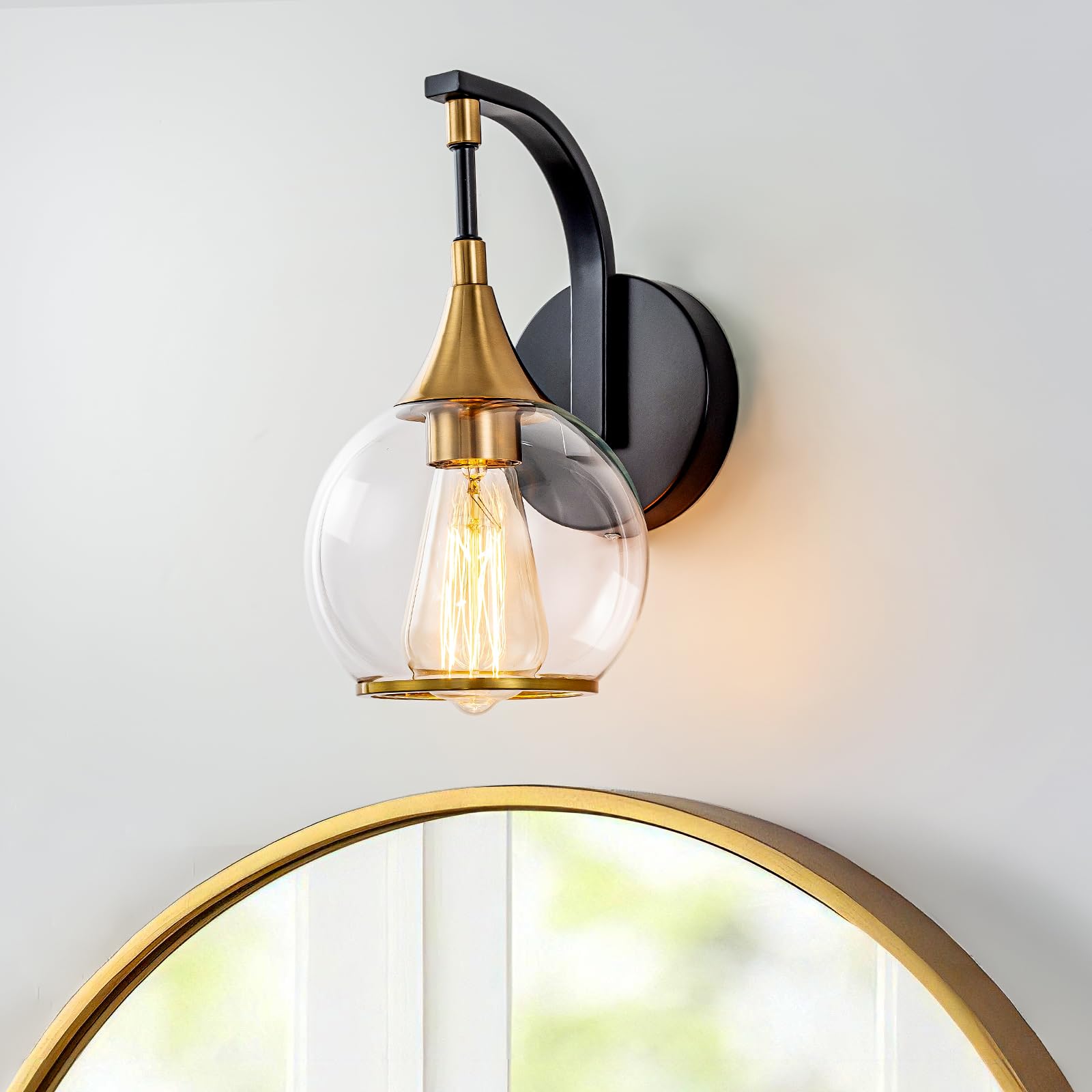 Photo 1 of Ymlii Indoor Wall Sconce, Black and Gold Wall Light Fixture with 4.9 Inches Clear Glass Shade, Bathroom Vanity Lights, Wall Lamp for Living Room, Bedroom, Hallway