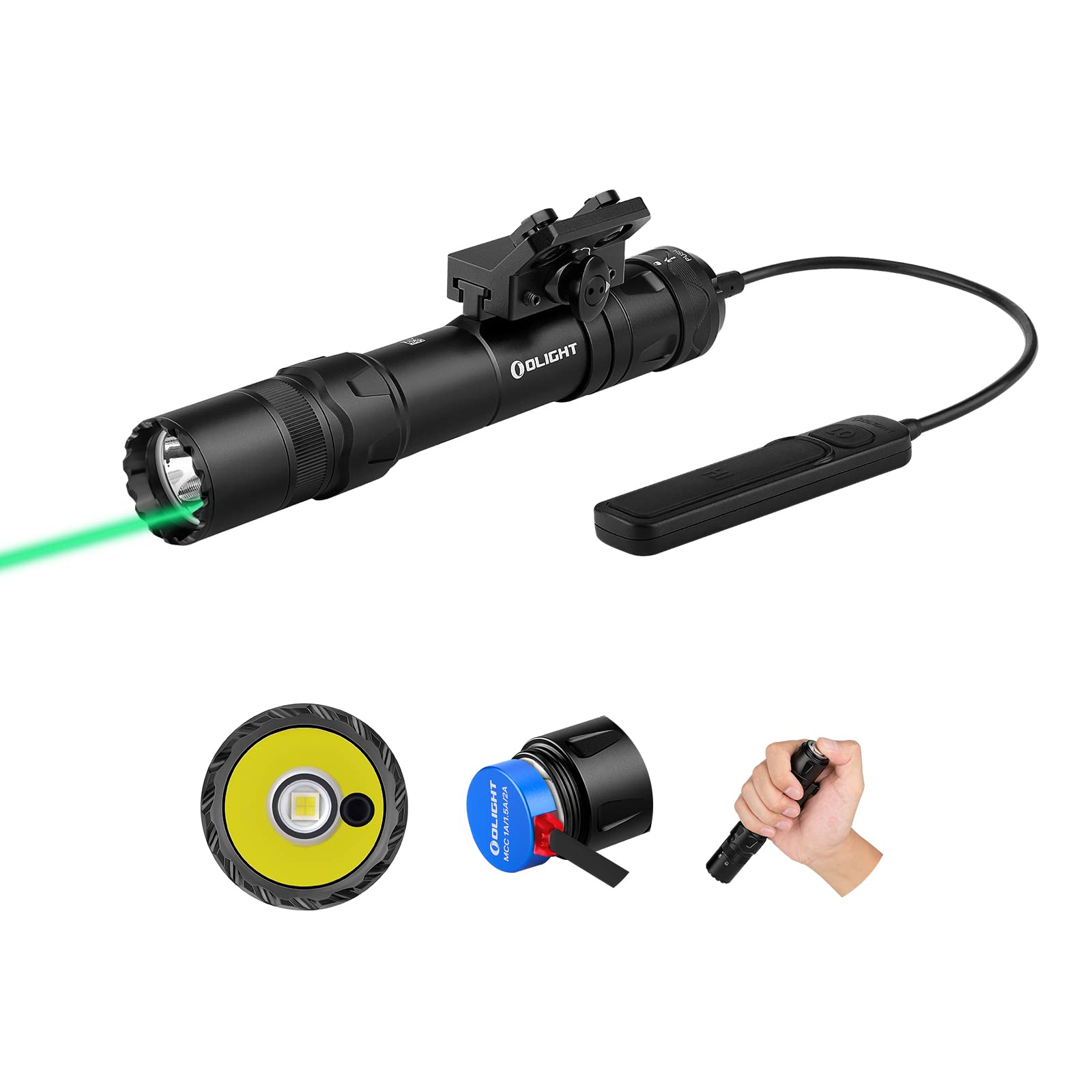 OLIGHT Odin GL M 1500 Lumens MLOK Mount Rechargeable Tactical Flashlight with Green Beam and White LED Combo, Removable Slide Rail Mount and Dual-Button Remote Pressure Switch (Black) Image