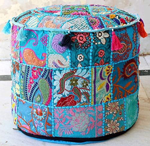 Jaipurstudio W22xH14 Indian Handmade Patchwork Pouf Cover Terquise