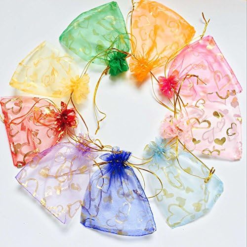 Boomerre 100pcs Heart Organza Drawstring Pouches Jewelry Party Wedding Favor Gift Bags Multi Color (3.94" x 4.72")