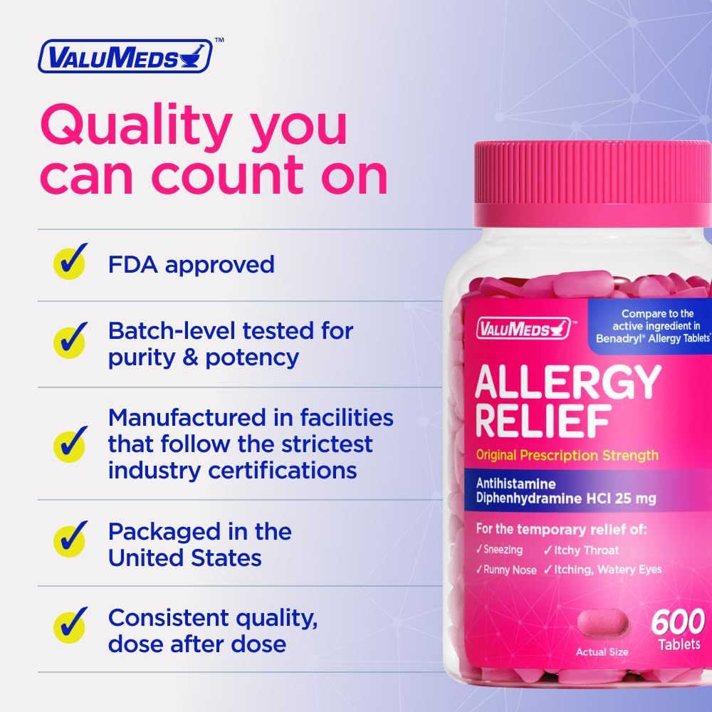 ValuMeds Allergy Medicine Antihistamine, Diphenhydramine HCl 25 mg | Children and Adults | Relieve Itchy Eyes, Runny Nose, Sneezing (25 mg, 600)