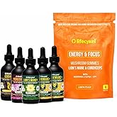 Life Cykel Premium Mushroom Extract Liquid Bundle &ndash; Lion&rsquo;s Mane, Cordyceps, Reishi, Chaga, Turkey Tail &amp; Shiitake (1oz Each) with Included Energy Gummies (10-Count), for Vitality &amp; Mental Clarity