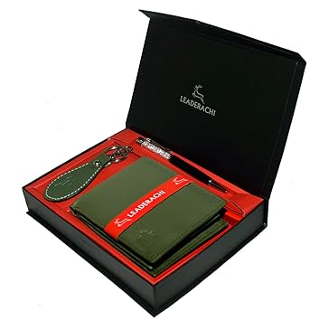 Leaderachi 100% Genuine Greenish Full Grain Leather RFID Blocking Bi fold Wallet with Designer Leather Key Ring & Metallic Black Pen Combo Gift Box for Men