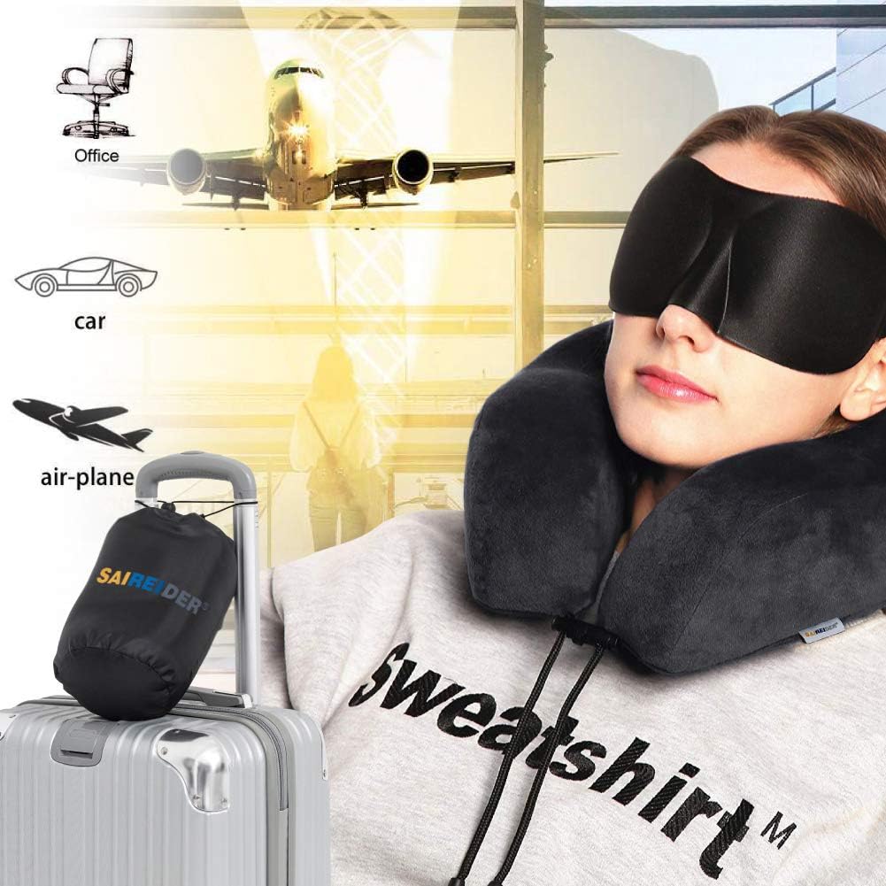 SAIREIDER Travel Neck Pillow for Airplane Sleeping 100% Memory Foam Adjustable Travel Pillows with Storage Bag, Sleep Mask and Earplugs-Prevent The Heads from Falling Forward-Black: Home & Kitchen