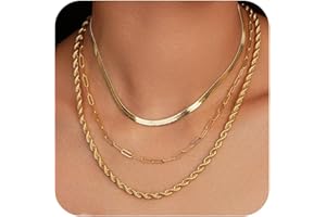 Andsion Non Tarnish 14k Gold Plated Layered Necklaces for Women Trendy, Sliver Stackable Dainty Herringbone | Paperclip | Rope | Cuban Chain Necklace Adjustable Jewelry Set Gift for Women