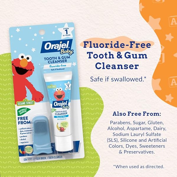 ORAJEL BABY ELMO TOOTH & GUM CLEANSER FLUORIDE-FREE, 1 FINGER BRUSH, 1 TOOTHPASTE 1OZ; #1 PEDIATRICIAN RECOMMENDED FLUORIDE-FREE TOOTHPASTE*