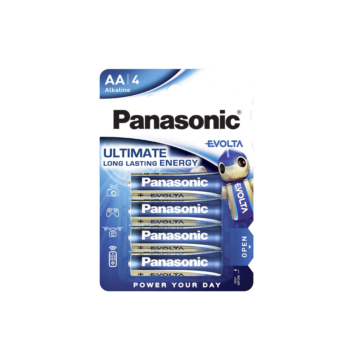 Panasonic EVOLTA AA batteries, pack of 4 alkaline batteries, AA Mignon LR6, 1.5 V, premium batteries for toys, robots and torches