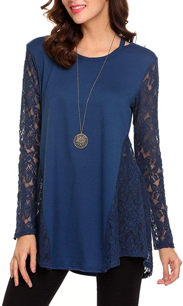 Feager Women Lace Patchwork Long Sleeve Loose Flowy Tunic Tops Blouse