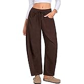 ALSOGO Womens Corduroy Barrel Pants Drawstring Elastic Waist Mid-Rise Wide Leg Baggy Trouser with Pockets