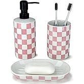 Pink Bathroom Toothbrush holder set, Cute Ceramic Bathroom Accessories, Includes Hand Soap Dispenser, Tooth Brush Holder, and Soap Dish, Funny Bathroom Accessories sets for Girls Woman Guest Bathrooms