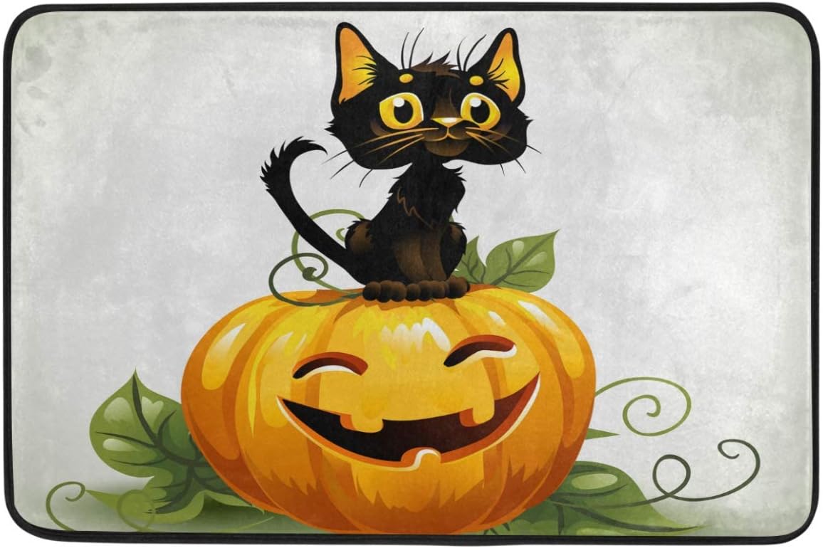 Felpudo de Halloween Hogar Lavable Lindo Gato Negro Halloween Sonriendo