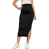 WDIRARA Women's Maternity High Waist Ruched Split Hem Solid Pencil Midi Skirt