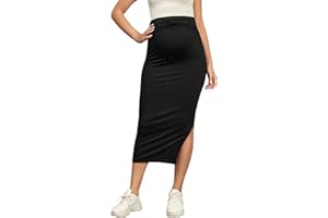 WDIRARA Women's Maternity High Waist Ruched Split Hem Solid Pencil Midi Skirt