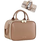 Prite Travel Makeup Bag Women’s Large Capacity Waterproof Cosmetic Organizer Portable Open Flat Toiletry Case with Free-standing Brush Holder and Handle(Brown Large)