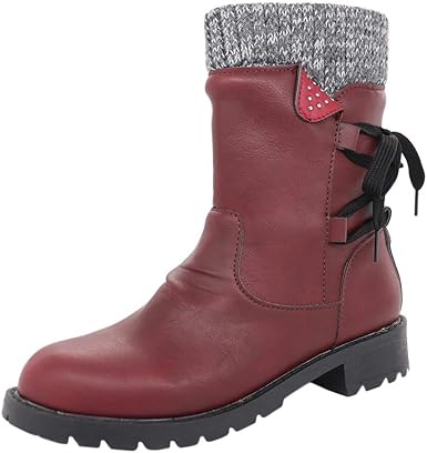 Amazon Com Ssyuno Women S Mid Calf Winter Snow Boots Comfort Leather Warm Boot Retro Flat Heel Side Zipper Riding Boots Knit Leg Warmer Clothing