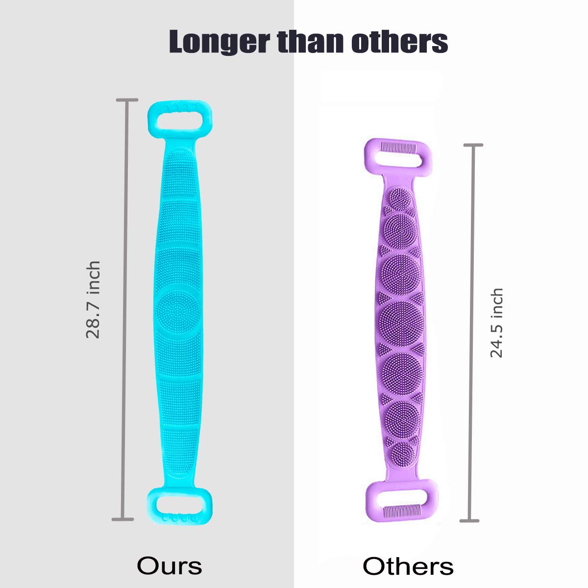 Greeza Silicone Bath Body Brush Scrubber - 28.7 inch Soft Body Back Scrubber for Shower, Double Side Spa Massage & Clean Body Exfoliating Brush Belt, Long Back Brush for Shower Massage (Green+Purple) : Beauty