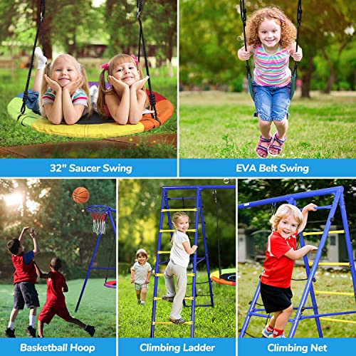 Kids Climbing Rope Ladder & Saucer Swing - Indoor/Outdoor Play Set, 3 Height Options, Polyester Net & Steel Rings For Safety