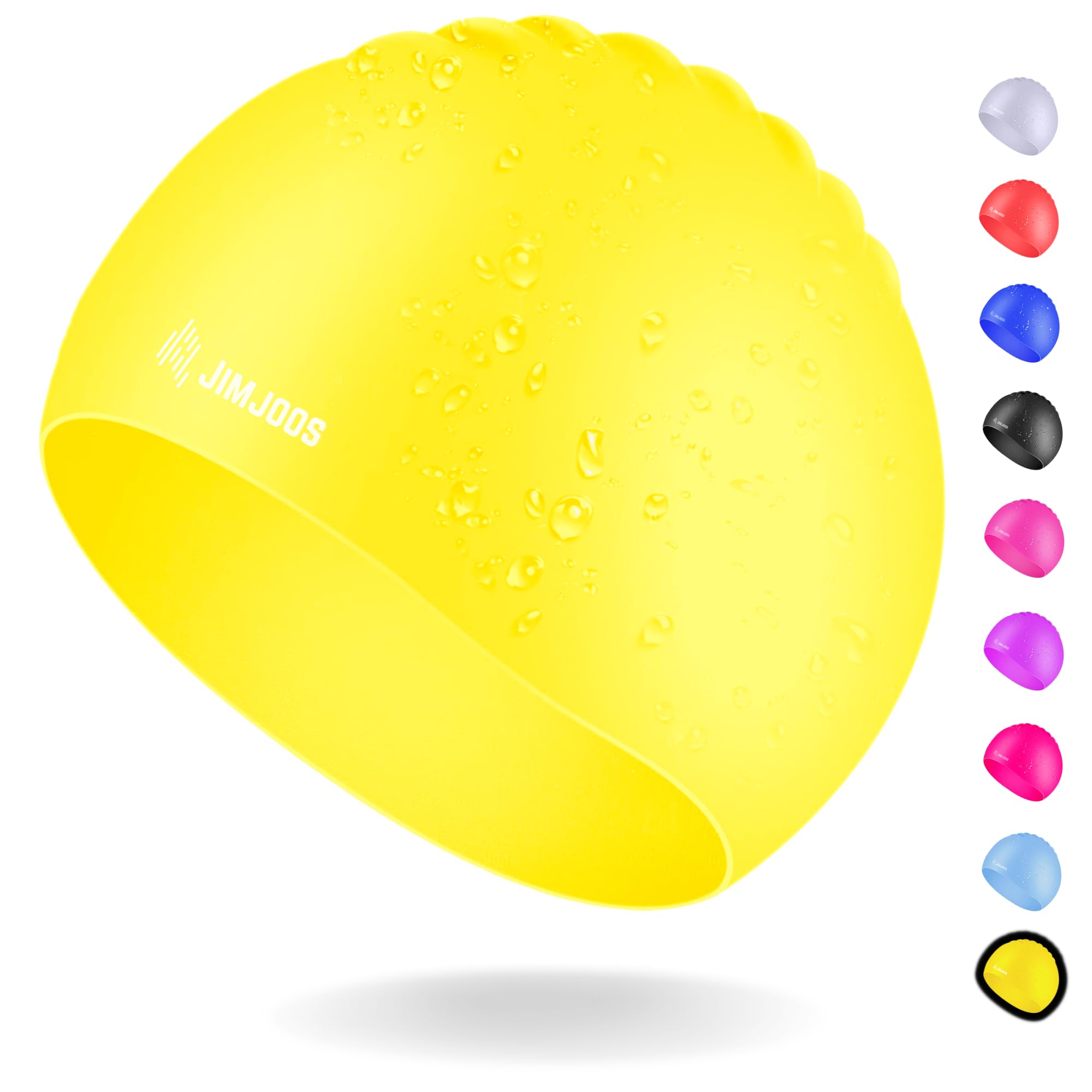 JIMJOOS Kids Swimming Cap 3–14 Years - Silicone Swim Cap for Boys & Girls - Anti-Slip, Stretchable, Waterproof Swimming Hat - Durable, Odour-Free Swim Hat with Protective Pouch (YELLOW, 3-8 Years) — image 1