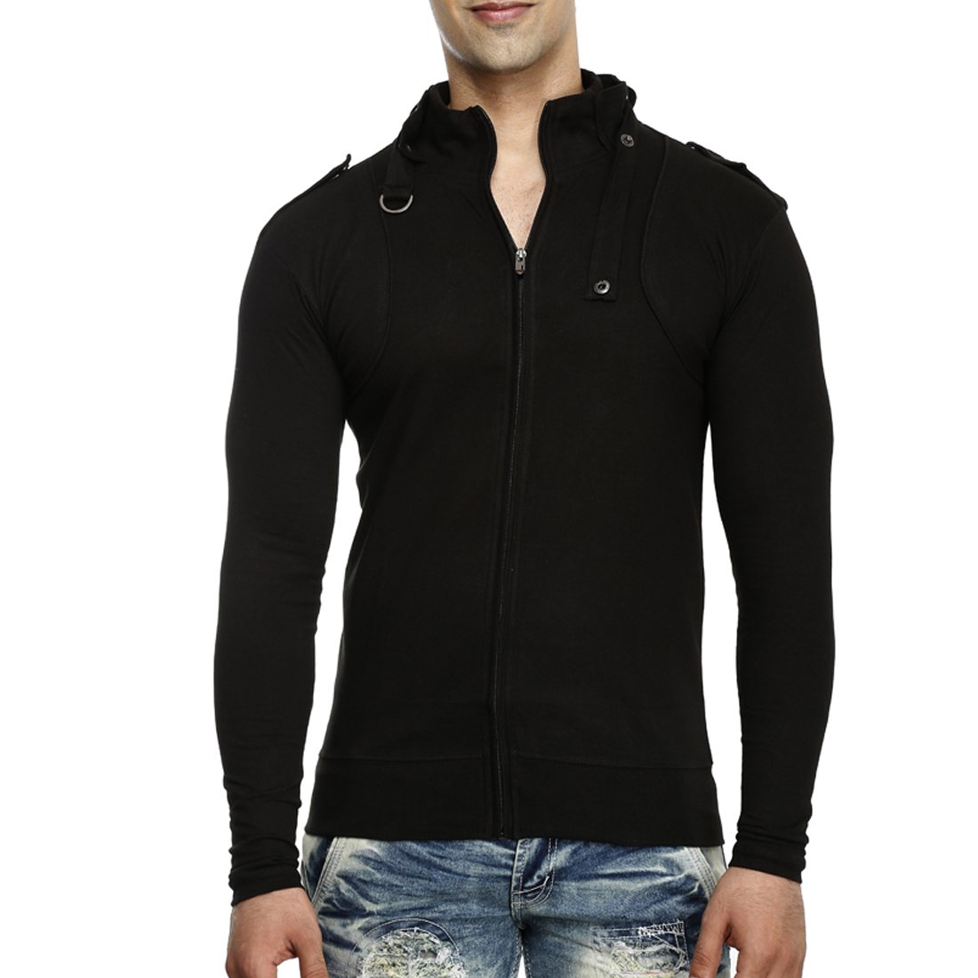 tees collection men's full zip buckle neck full sleeve black colour t-shirt