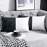 DEZENE Faux Leather Cotton Throw Pillow Covers for Couch Bed Sofa, Set of 2 12 x 20 inch Modern Square Decorative Bedroom Living Room Cushion Cases, Black and White