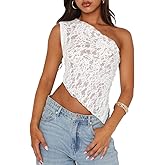 ABYOVRT Women One Shoulder Lace Top Irregular Hem Backless Crop Tops See Through Sheer Tank Tops Going Out Clubwear