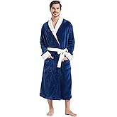 FashGudim Mens Robe Plush Robes for Men Warm Soft Fleece Bathrobe Calf Length Shawl Collar Short House Robes with Pockets