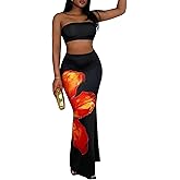 SOLY HUX Women's 2 Piece Skirt Sets Floral Strapless Tube Crop Tops and Bodycon Maxi Skirt Vacation Summer Outfits