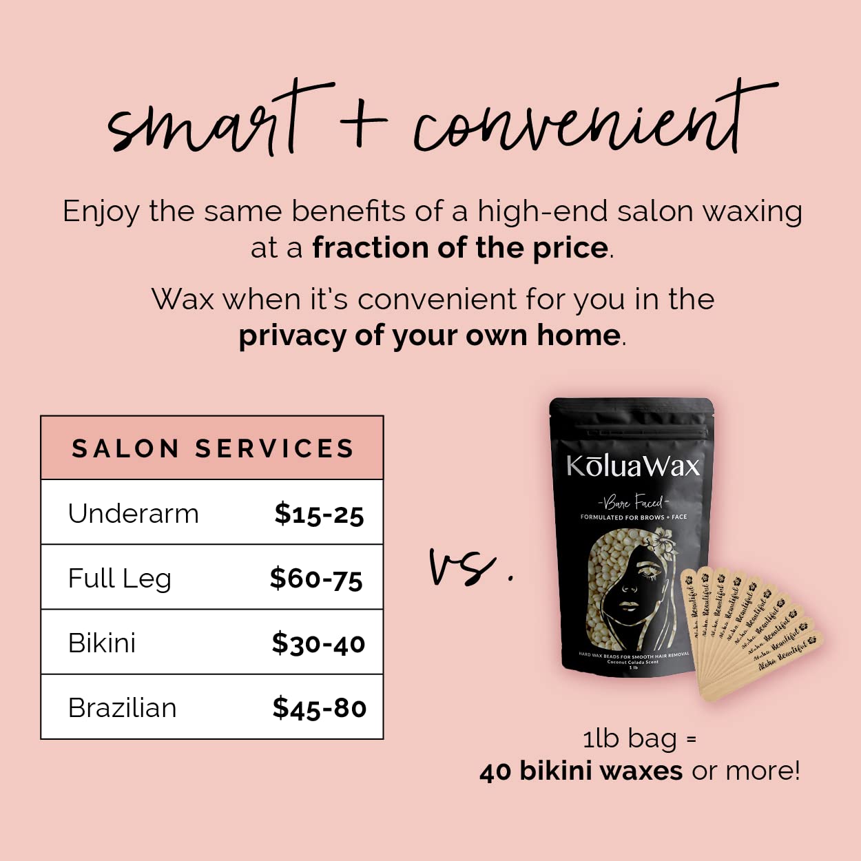 KoluaWax Hard Wax Beads for Hair Removal – Coarse Hair Formula – Face, Brazilian, Underarms, Back Chest, Bikini Waxing – Coconut Colada, 1lb Refill for Wax Warmers & 10 Large Applicator Sticks