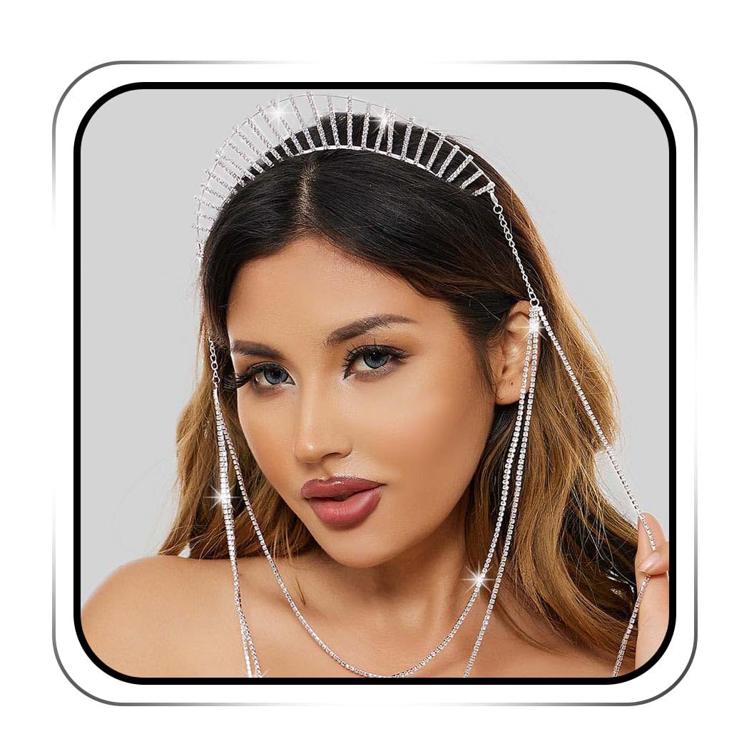 IYOU Mary Halo Crown Headband Silver Sparkly Rhinestone Goddess Headpiece Tassel Wedding Party Costume Hair Tiara Headwear for Women(Silver-B)
