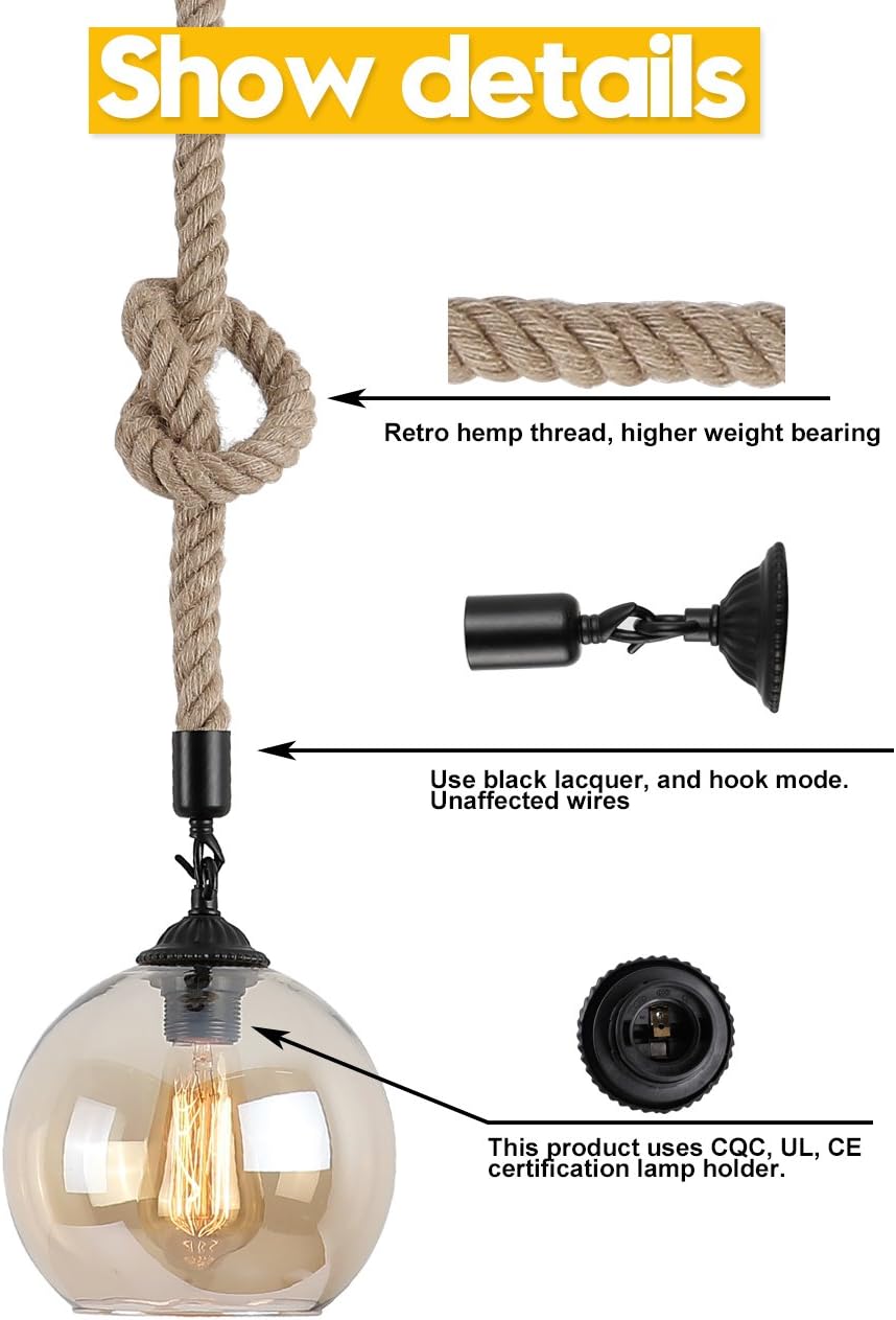 iYoee Industrial Glass Globe Pendant Light Fixture - Industrial Style Globe Glass Lampshade Hanging Fixture Lighting with Adjustable Cord Length for Kitchen Island Lights, use E26 Edison Bulb - - 
