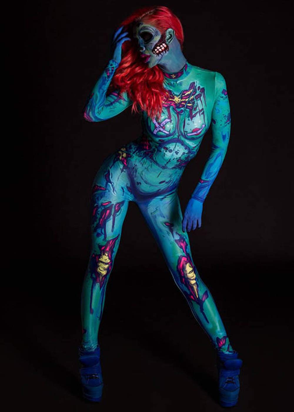 Halloween Jumpsuit 3D Grafik Printed Halloween Kostüme Ideen Royalblau Schwarz Weiß Knochen Organ Blood Haut Enge Skeleton Bodysuit Overall Xray High Neck Catsuit für Frauen