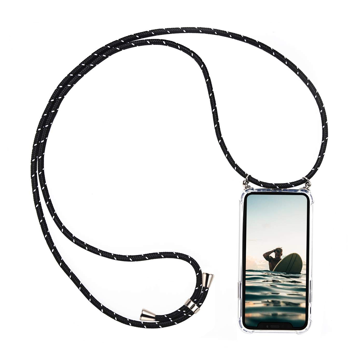 Verco Necklace Case for Huawei Mate 20 Pro, Shockproof Phone Silicone Cover for Huawei Mate 20 Pro Bumper with Neck Cord Rope[Adjustable Length Lanyard], Black and White