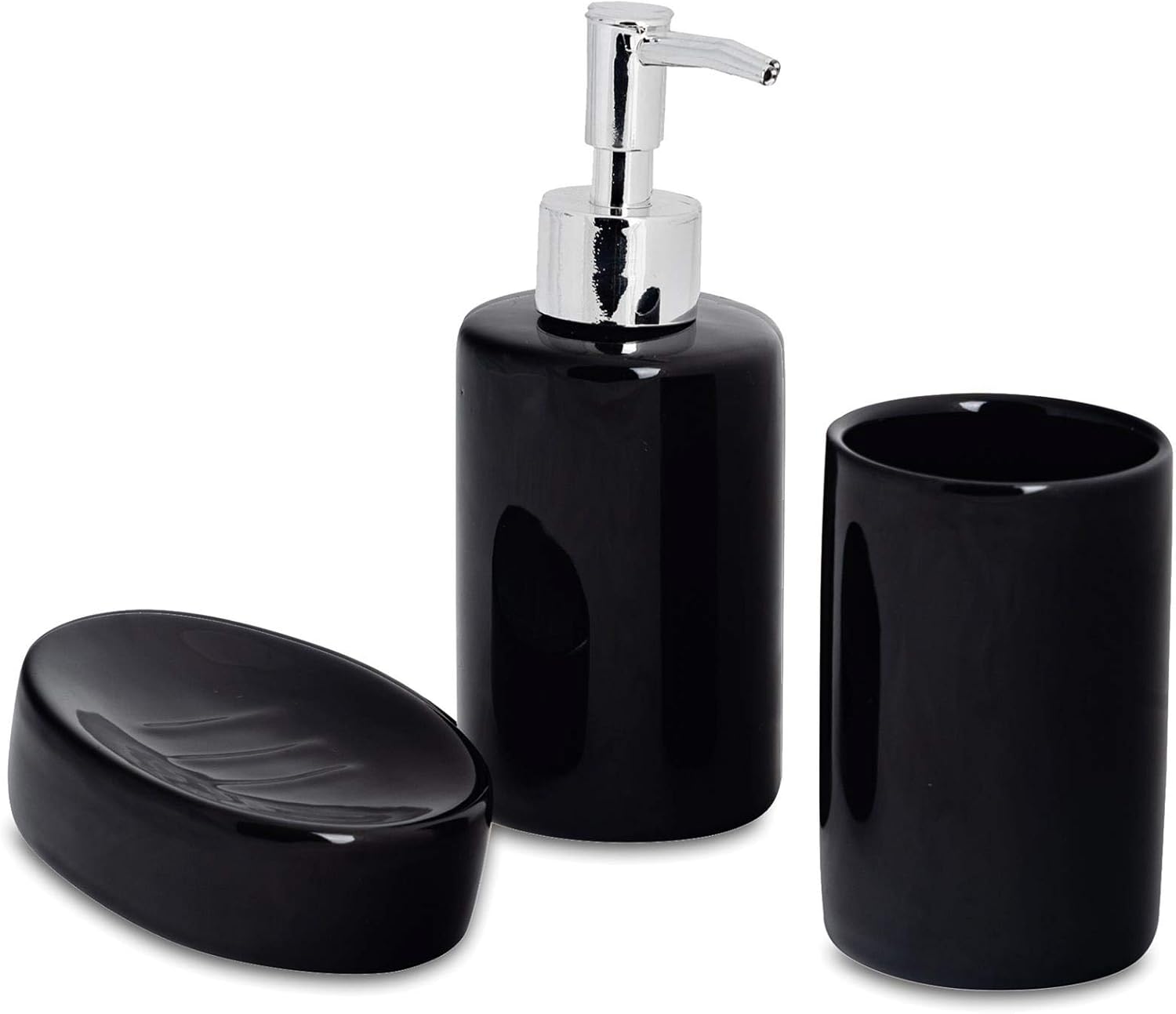 Harbour Housewares Set de baño de 3 Piezas - Dosificador de jabón, Vaso para cepillos de Dientes y jabonera - Negro