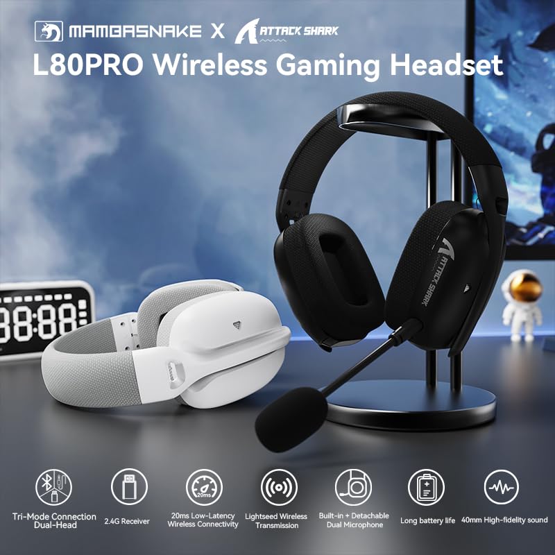 MAMBASNAKE Attack Shark L80PRO Ultralight 7.1 Surround Sound Wireless Gaming Headset with Dual Foldable Microphone, Tri-Mode (Wired 2.4GHz/BT/3.5mm), 40mm Speaker for PC/Mac/PS/Xbox, Black
