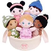 OUOZZZ Soft Baby Dolls, Set of 5 Multicultural 7.5" Plush Dolls in Basket | Diversity Ethnic, For Toddlers, Preschool, Daycare &amp; Home