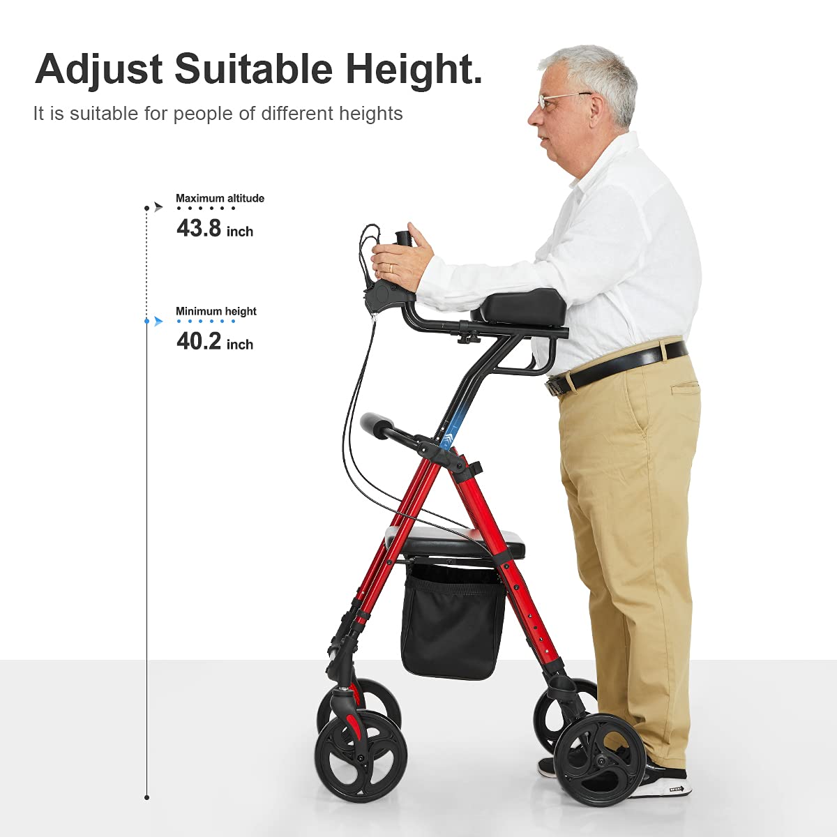 Health Line Massage Products Up Rollator Walker, Up Rollator with Armrest?Tall Folding Walker with Wheels,Up Rollator with Armrest and Seat Rolling Walker for Seniors and Adults, Red