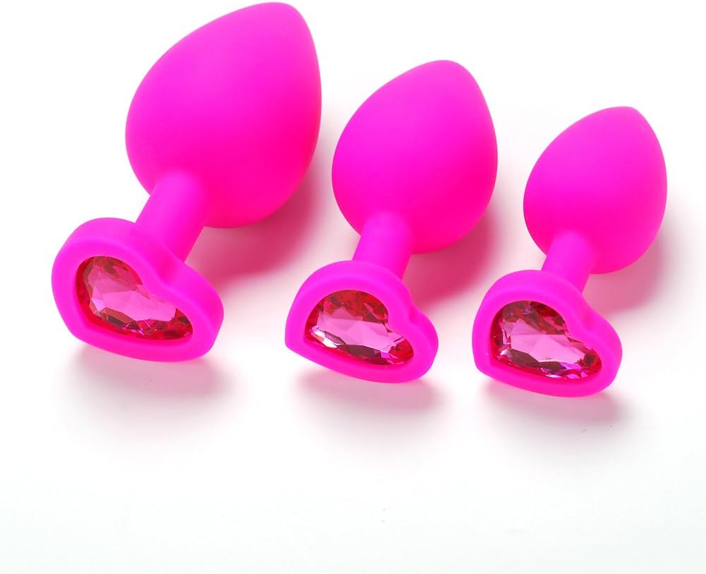 DQFEI 3Pcs Medical Silicone A~n~al B-û-tt Pl-UG Base with Heart-Shaped Jewelry Birth Stone for Adult(Rose red)