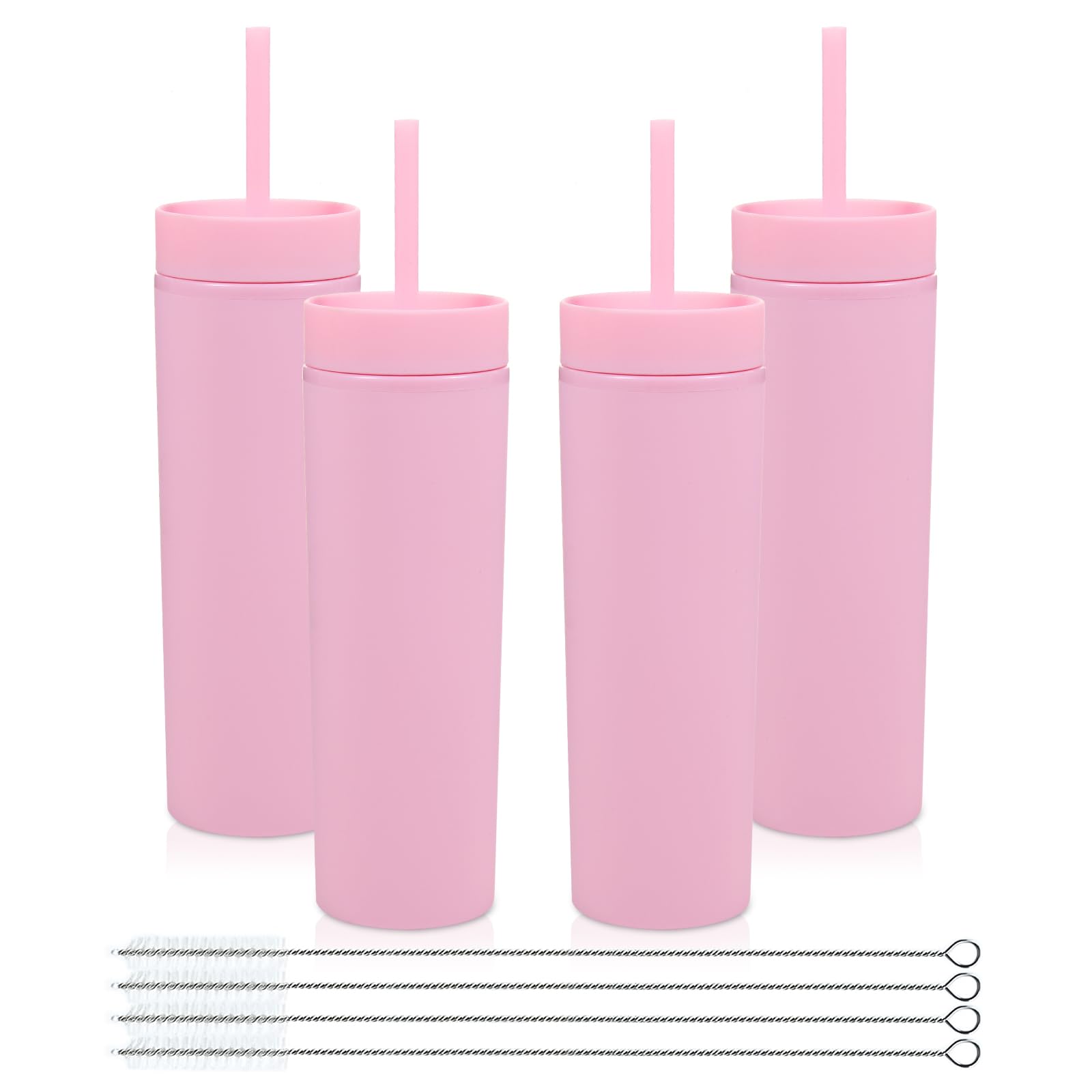Volhoply 16oz Plastic Skinny Tumblers Bulk 4 Pack,Double Wall Tumbler with Lid and Straw,480ML Reusable Iced Coffee Mug,BPA Free Matte Acrylic Water Cups with Straw for Parties,DIY Gifts(Pink,4 Set