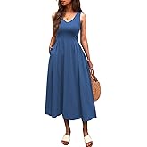 Mieazom Women Summer Sleeveless Casual Dresses Pleated Waist Elegant Midi A-Line Flowy Swing Dress Sundress with Pockets
