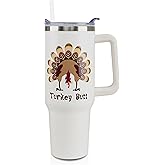 ZNYYZYBA 40 oz Thanksgiving Tumbler with Handle and Straw, Stainless Steel Insulated Turkey Tumbler 40 oz, Reusable Cup with Leak Proof Lid, Thanksgiving Gifts for Women (off white brown)
