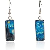 KaFu Rectangle Van Gogh Painting Starry Sky Sunflower Drop Dangle Earrings Abstract Art Trendy Glass Earrings for Women Girls Charm Jewelry