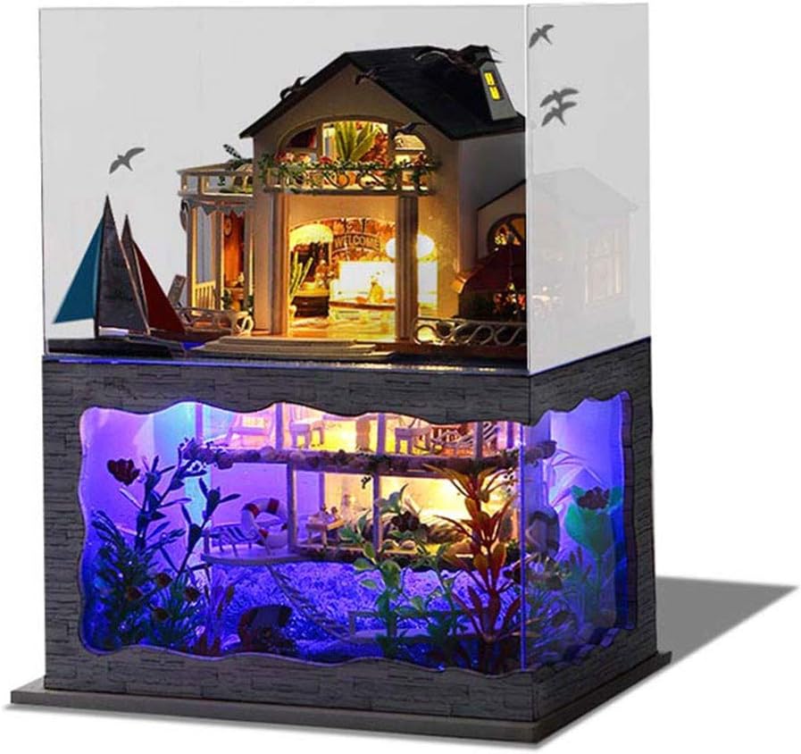 Joykith- DIY House-DIY Little Cabin Three-Dimensional Assembly Villa Model Dollhouse Miniatures DIY House Kit with Cover and Led Lights Hawaii Sunshine Impression