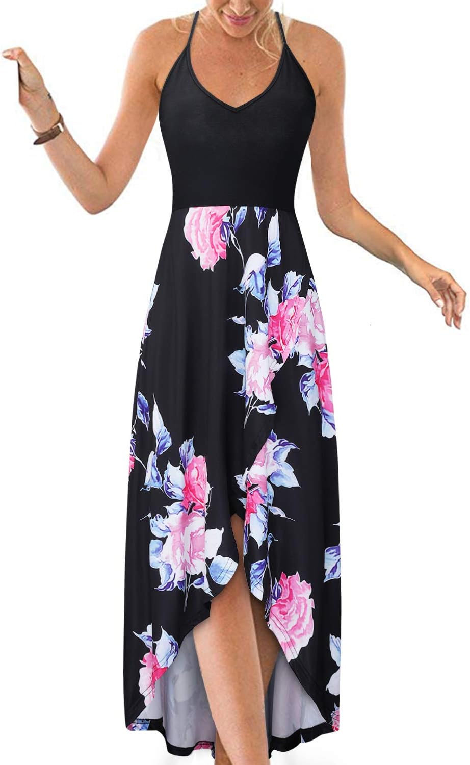 KILIGWomen's V Neck Sleeveless Casual Summer Sundresses Asymmetrical Patchwork Floral Maxi Dresses