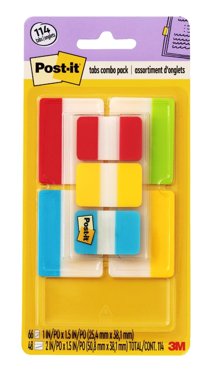 Post-it Tabs Value Pack, Assorted Primary Colors, 1 in and 2 in Sizes, 114 Tabs/Pack (686-VAD2) (Pack of 12) Image